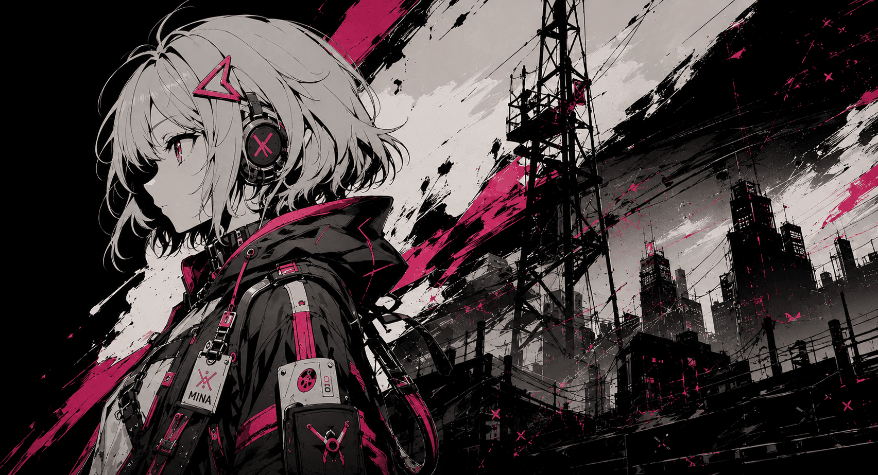 Mina loading artwork for BeatSweeper with a magenta industrial skyline