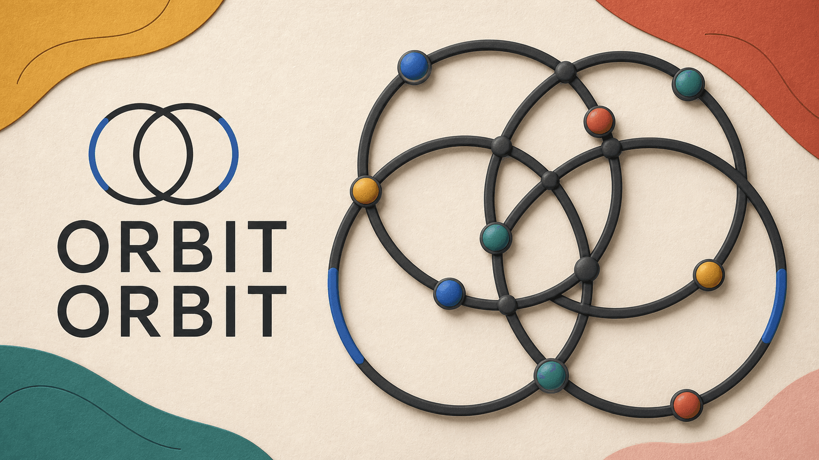Orbit Orbit artwork with overlapping rails and colored marbles on textured paper